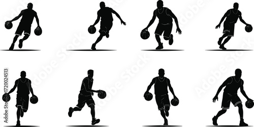 PrintBasketball player silhouette, athlete dribbling ball, sports action vector, professional game artwork, dynamic motion illustration, fitness training, competitive basketball design