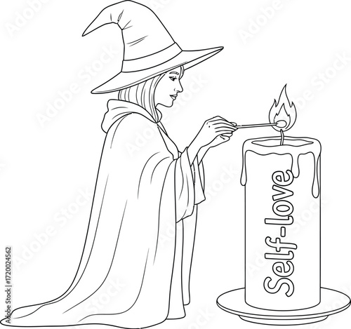 Witch lights selflove candle with match in line drawing