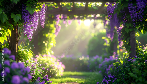 Sunlit Garden with Purple Wisteria and Lush Greenery