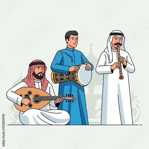 Celebrate culture with this dynamic illustration of Middle Eastern musicians performing traditional music together, perfect for cultural events and festive designs