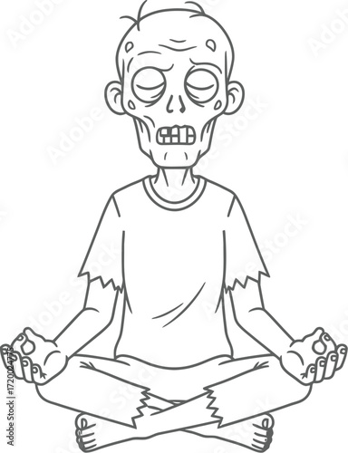 Cartoon zombie meditates in lotus position line art style