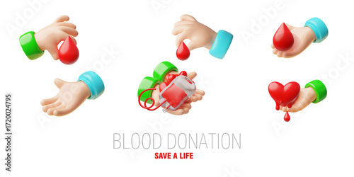 3D icon set of hands, with a drop of blood, donor bag, dripping heart, outstretched palm.