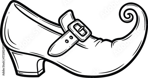 Whimsical elf shoe with curled toe design in black outline