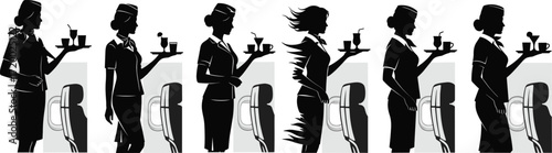 PrintFlight attendant turbulence sequence, cabin crew serving drinks, airplane service disruption, stewardess silhouette illustration, aviation safety concept, airline travel humor vector
