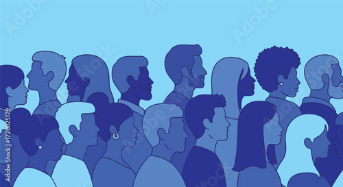 Illustration of a diverse group of people, depicted in profile, with varying skin tones and hairstyles.