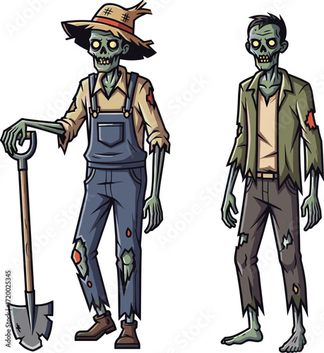 Scary cartoon zombie characters in tattered clothes, undead monster with creepy green skin, spooky Halloween illustration, horror design for artwork, decorationPrint