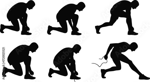 PrintSilhouette athlete tying shoelaces, runner preparing for sprint, fitness training sequence, sports preparation, running start, exercise concept, healthy lifestyle illustration