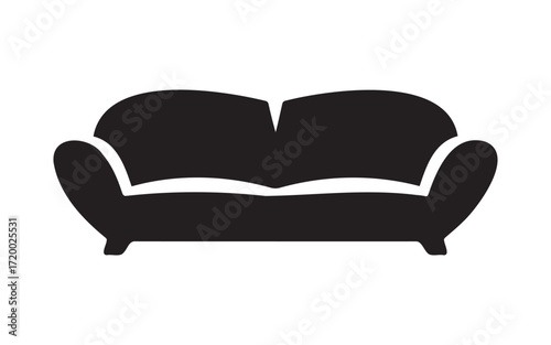 Simple black silhouette of a modern two seater sofa on a white background