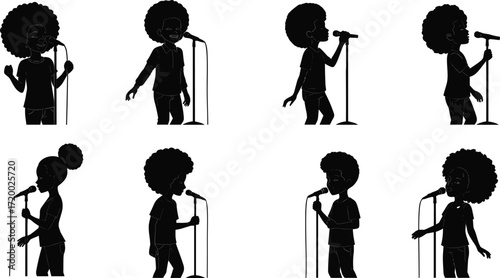 PrintSilhouette children singing with microphone, young boys and girls performing on stage, music concert illustration, kids vocalist vector art, entertainment design