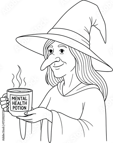 Witch holds mental health potion in a cartoon line drawing