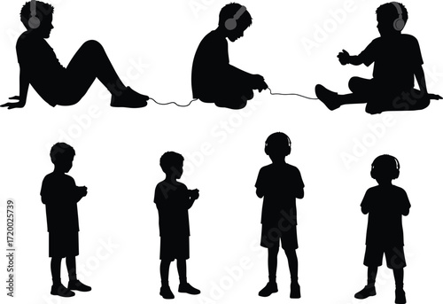 PrintSilhouette children with headphones playing video games, boys gaming vector illustration, kids entertainment art, console lifestyle design, digital fun activity