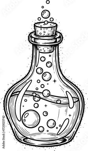 Hand drawn potion bottle with bubbles and cork illustration