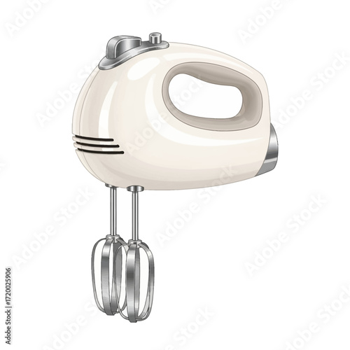 Cream-colored hand mixer with silver beaters, handle, and accents isolated on a white background.