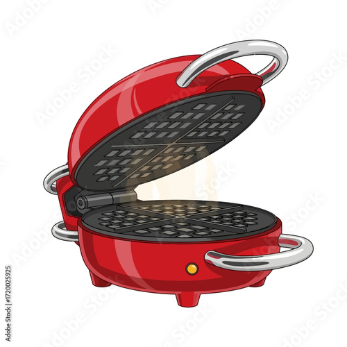 A red, round waffle iron, open, showing the cooking surface with light.