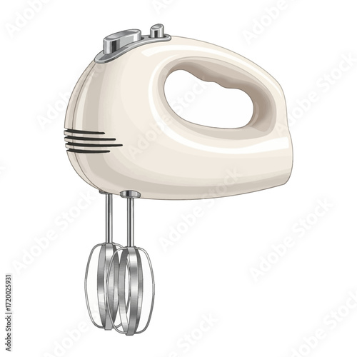 A cream-colored electric hand mixer with two metal beaters attached, ready for kitchen tasks like baking or cooking.