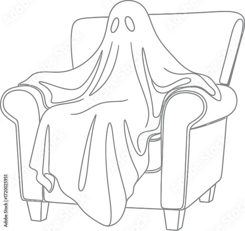 Cartoon ghost sits in an armchair on a white background