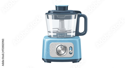 A stylish pastel-blue food processor with a clear bowl and silver control knob.