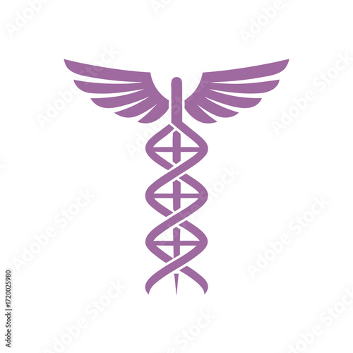 Purple Caduceus Symbol with D N A Helix and Wings on White Background medical healthcare
