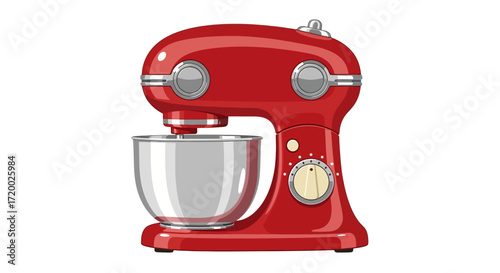 Retro-styled red stand mixer with glass bowl, kitchen appliance, cooking tool.