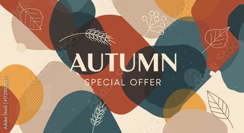 Promotional banner for an 'Autumn Special Offer' with abstract shapes and botanical line art.