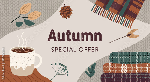 Autumnal scene with cozy blankets, coffee, and fall foliage, showcasing a special offer.