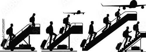 PrintSilhouette illustration of passengers with luggage boarding airplane stairs, travel journey concept, airport terminal, aviation transport, vector graphic, business tourism.