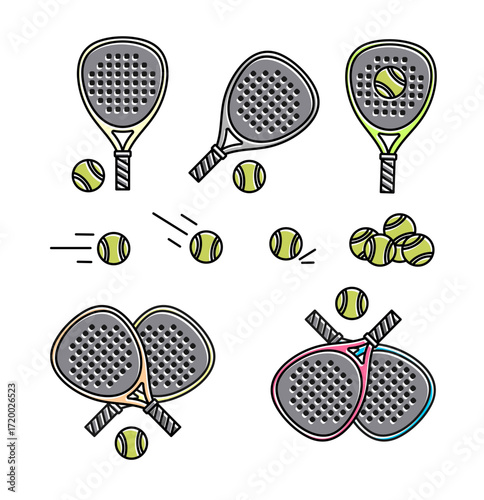 Set of padel sport vector icons featuring rackets and balls. Outline style illustrations of game equipment for hobby or competition design