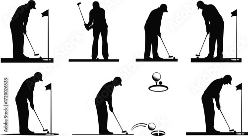 PrintSilhouette of golf player practicing putting, golf ball, flag, putting green, sports training, competition, athlete, precision, accuracy, outdoor activity, game