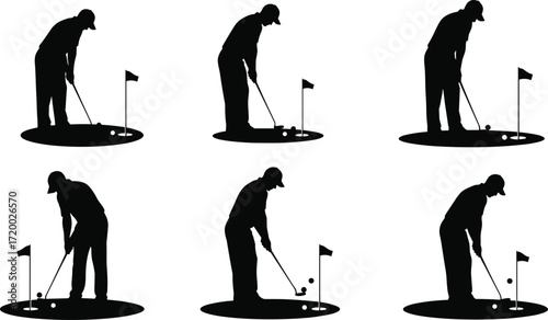 PrintSilhouette of golf player practicing putting, golf ball, flag, tournament, sport training, athlete, concentration, precision, competition, outdoor activity, game