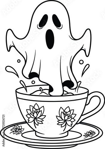 Spooky ghost emerging from a teacup with floral designs