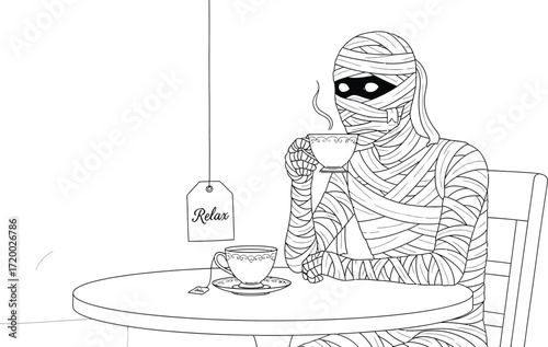 Cartoon mummy enjoys a relaxing cup of tea in a cafe