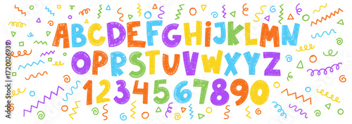 Funky children font, cartoon kids alphabet with crayon, pastel or chalk texture. Vector handdrawn numbers, circle, zigzag, squiggle.