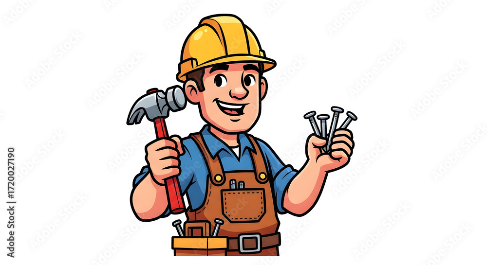 Obraz premium Illustration of a construction worker holding a hammer and nails, ready for a project
