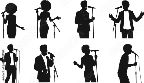 PrintSilhouette singers performing with microphone, male and female artists on stage, music concert illustration, vocalist vector art, entertainment background design