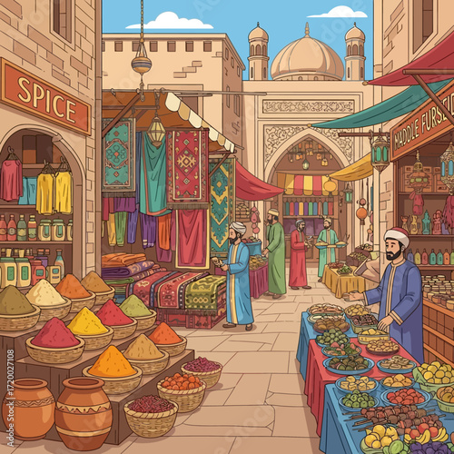 Immerse yourself in the vibrant colors and rich aromas of a traditional Middle Eastern marketplace, bustling with life and culture, perfect for travel ads