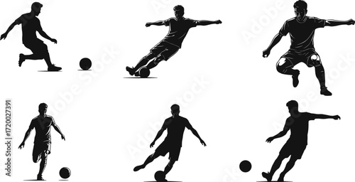 PrintSoccer player silhouette, football athlete action, kicking ball, dribbling motion, running sport, dynamic movement, fitness training, sports illustration, competition game, athletic concept