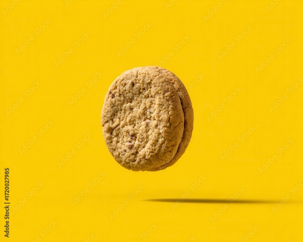 Naklejka premium Delicious Chocolate Chip Cookie Floating Above Yellow Background