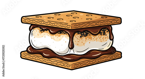 Vector illustration of an elegant s’more dessert with rich chocolate, marshmallows, and crisp graham cracker, flat clip art style isolated on a white background, sweet snack design