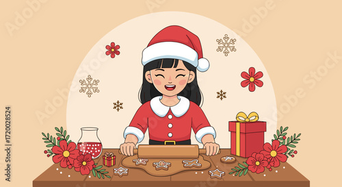 Christmas-themed flat vector art of a smiling girl baking cookies in Santa hat with floral accents and holiday decorations in a warm festive design