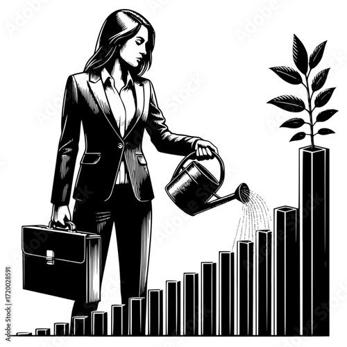 Nurturing Success: An emblem of entrepreneurship, a figure cultivates future growth by watering a flourishing plant, against an upward trend represented by a financial chart.