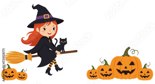 Cute little witch with broom and black cat surrounded by pumpkins, flat vector illustration for Halloween, simple cartoon character clipart on white background