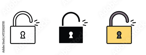 Set of pixel perfect colored Unlock icon, 1 Silhouette, 1 Unexpanded, Unlock icon symbolizing open access and removal of restrictions.