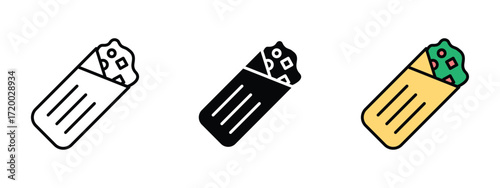Set of pixel perfect colored Wrap icon, 1 Silhouette, 1 Unexpanded, Wrap icon symbolizing a rolled sandwich with fillings.