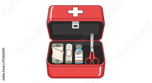 Vector Flat Illustration of Open First Aid Kit with Bandages, Pills, and Scissors on White Background for Medical Concept