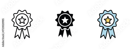 Set of pixel perfect colored Badge icon, 1 Silhouette, 1 Unexpanded, Badge icon representing achievement, reward, or recognition in a system.