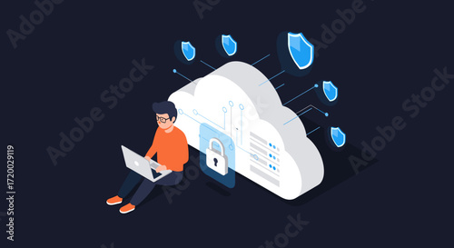 Flat isometric vector illustration of a cartoon figure using a laptop beside a large cloud server with padlock and floating shield icons on a dark navy background