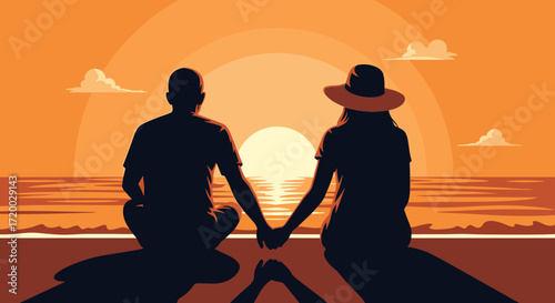 Vector flat illustration of a couple holding hands while sitting on the beach at sunset, with bold lines, flat colors, simple shapes, and minimal flat design aesthetic