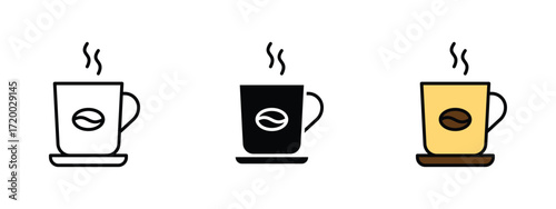 Set of pixel perfect colored Coffee icon, 1 Silhouette, 1 Unexpanded, Coffee icon symbolizing a hot drink, break, or caf� culture.