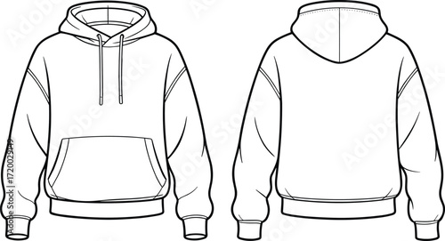 Hoodie technical drawing front and back view, fashion flat sketch, apparel design template, sweatshirt outline, clothing blueprint, garment illustration, vector