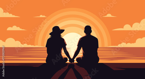 Vector flat illustration of a couple holding hands while sitting on the beach at sunset, with bold lines, flat colors, simple shapes, and minimal flat design aesthetic